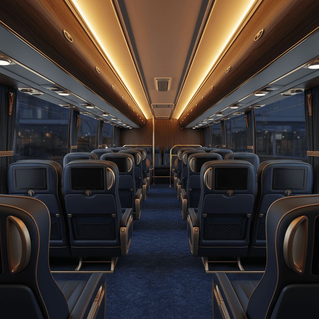 Luxury bus interior with premium leather seating